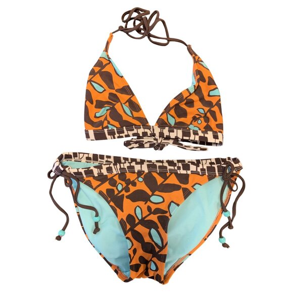 Xhilaration Halter Bikini Two Piece Leaf Print Orange & Brown Size M - Picture 1 of 5